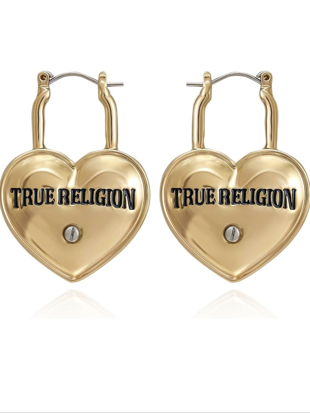True Religion Gold Heart Padlock Hoop Earrings with Black Logo